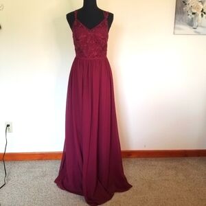 Azazie A6 cabernet lined maxi bridesmaid dress lace bodice laced back